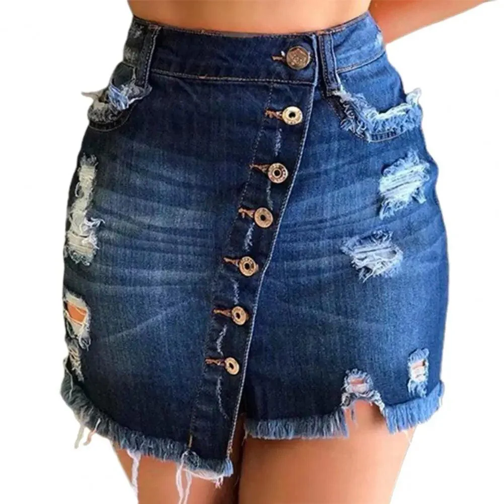 2021 New Women Short Denim Skirt High Waist Ripped Holes Denim Multi Breasted Irregular Tassel Denim Black Blue Skirt Streetwear - Afbeelding 5