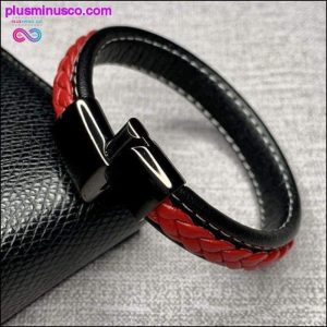 Fashion Black Red Leather Bracelets Men Wrist Band Stainless