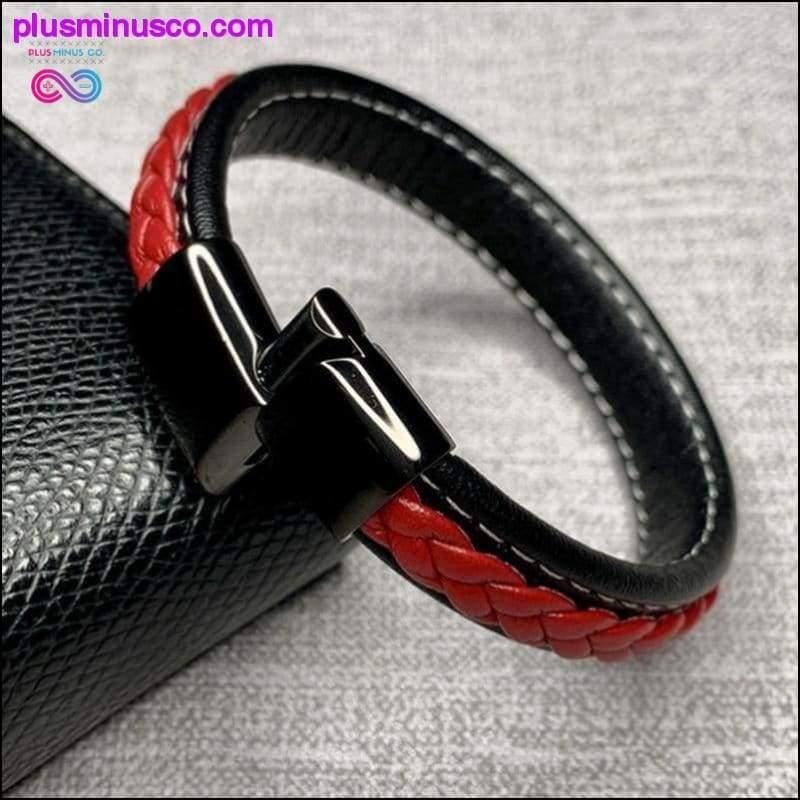 Fashion Black Red Leather Bracelets Men Wrist Band Stainless
