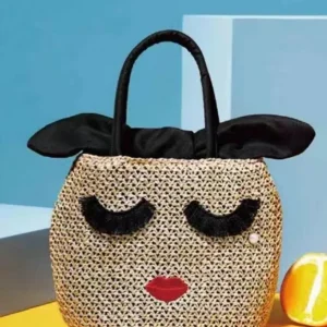 Japanese Cartoon Embroidery Pearl Grass Woven Bag