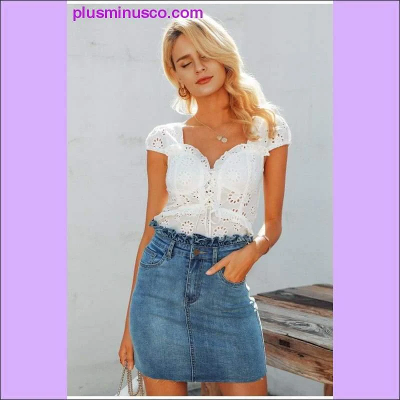 V-neck women blouse ruffled Elastic high waist hollow out lace blouse tops Back lace up peplum white - Afbeelding 2